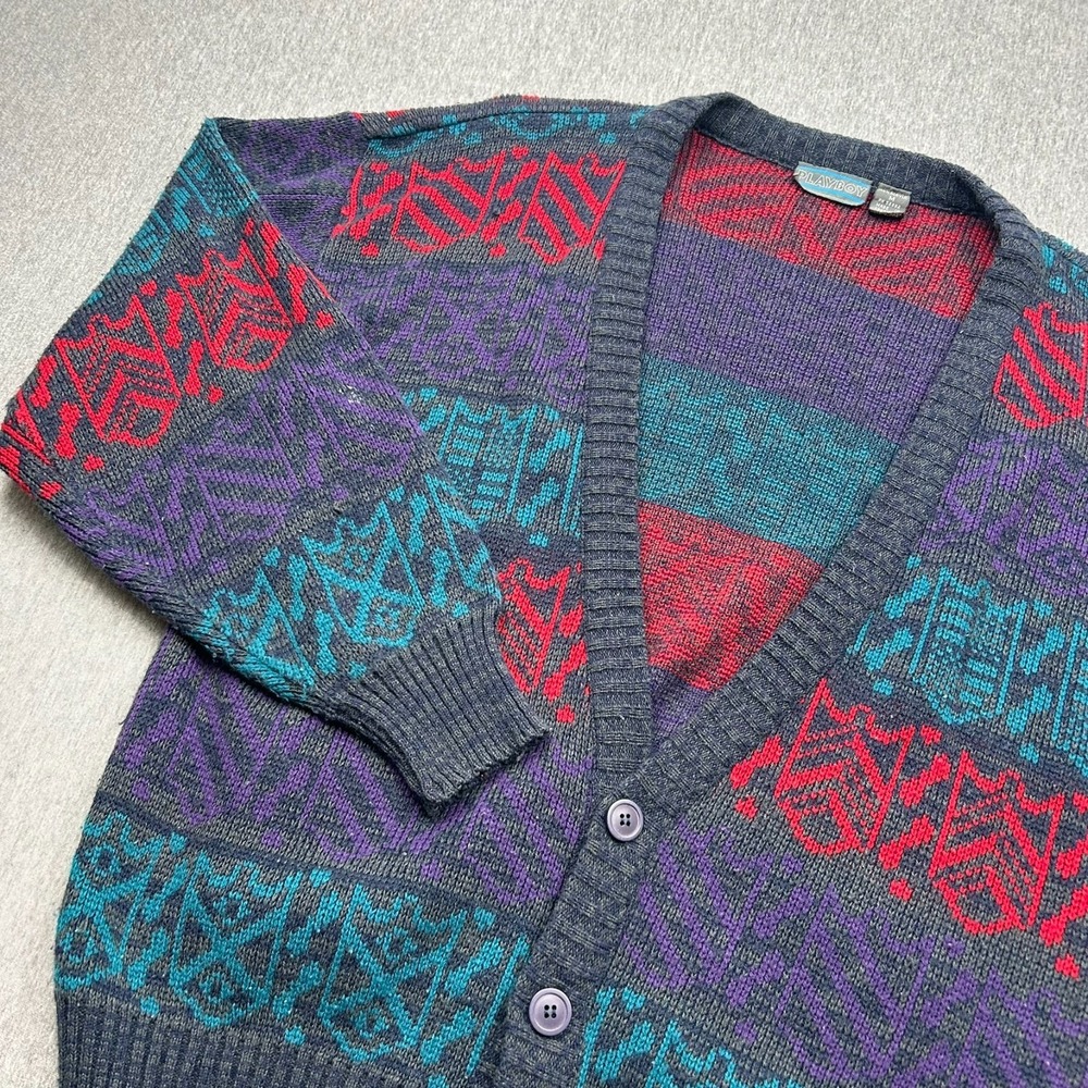 Playboy Long Sleeve Cardigan Sweater Mens Medium Acrylic Red Blue Purple Vintage